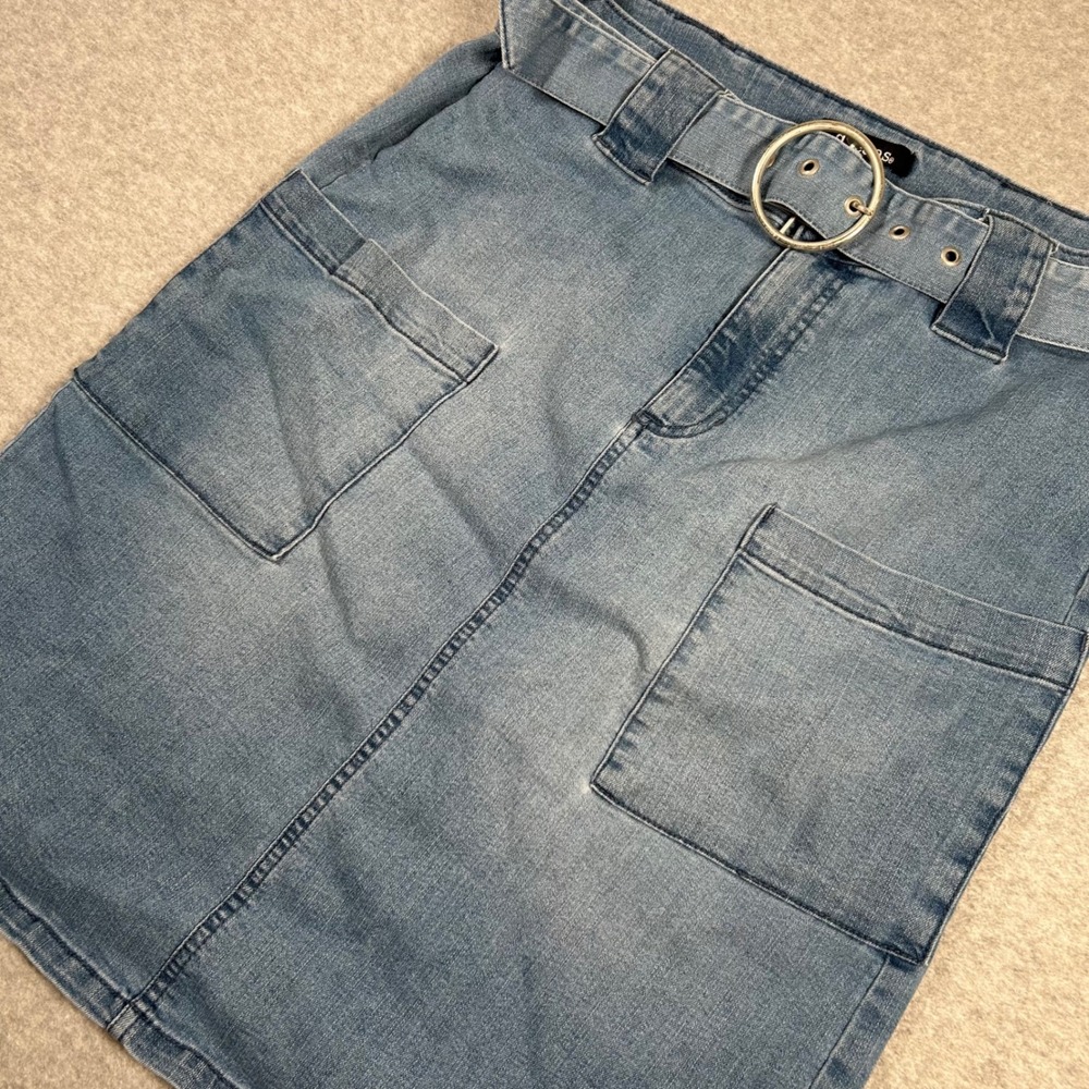 D. Jeans‎ Denim Skirt Womens 14 Midi Y2K Inspired Belt Utility Pockets A-line